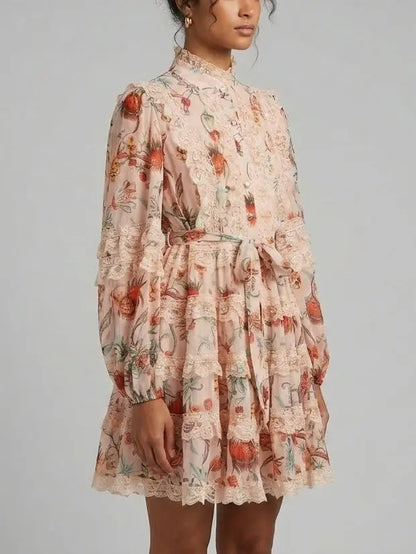 Lace Trim Botanical Print Tiered Mini Dress - Dresses