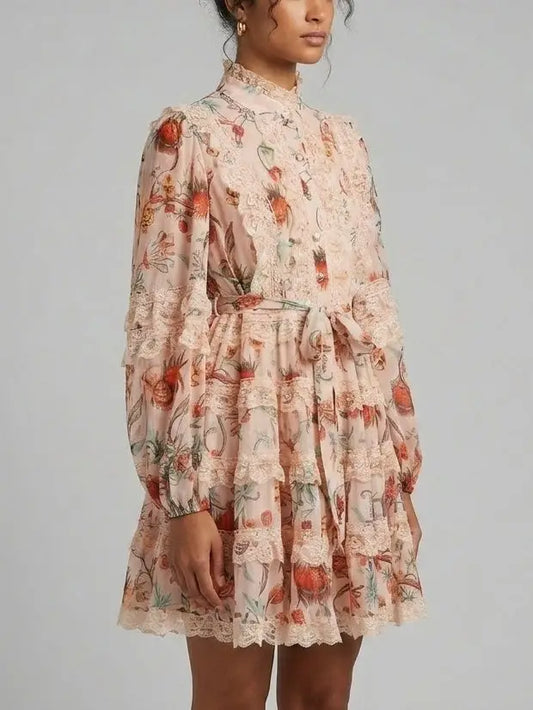 Lace Trim Botanical Print Tiered Mini Dress - Dresses