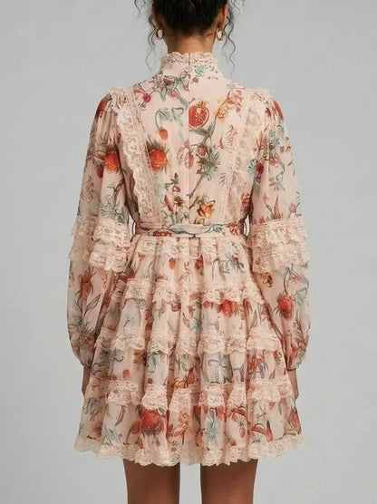 Lace Trim Botanical Print Tiered Mini Dress - Dresses