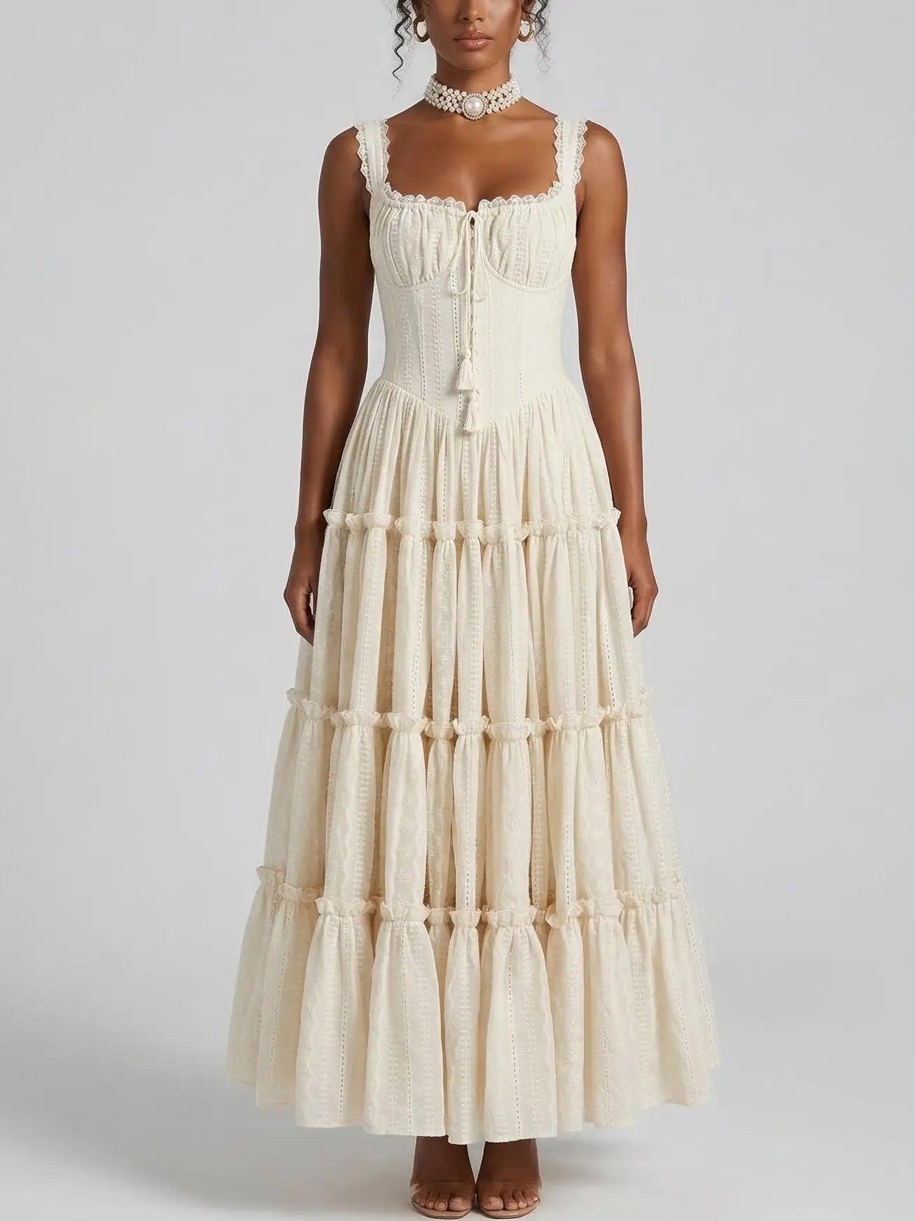 Lace Trim Corset Tiered Maxi Dress - Dresses