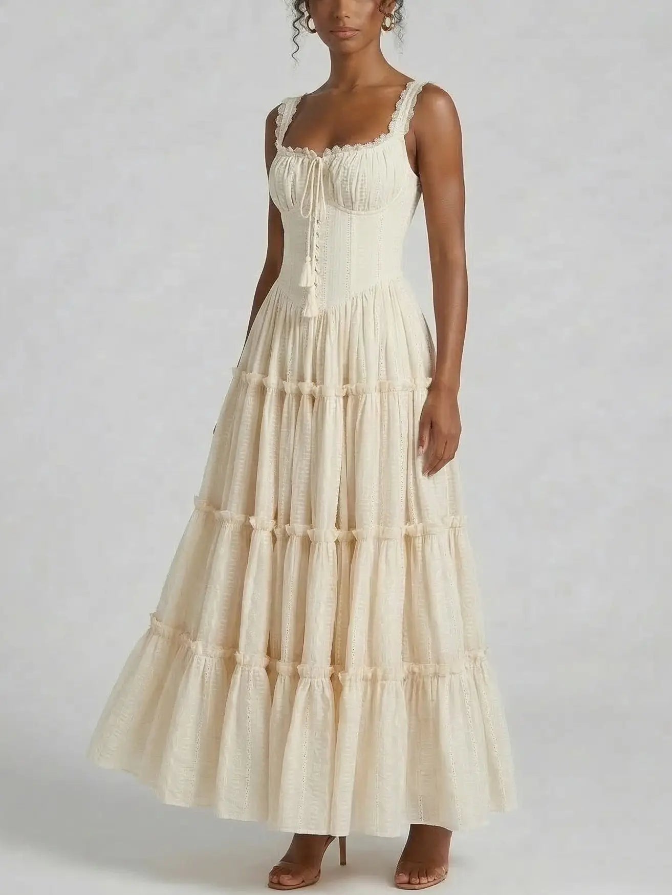 Lace Trim Corset Tiered Maxi Dress - Dresses