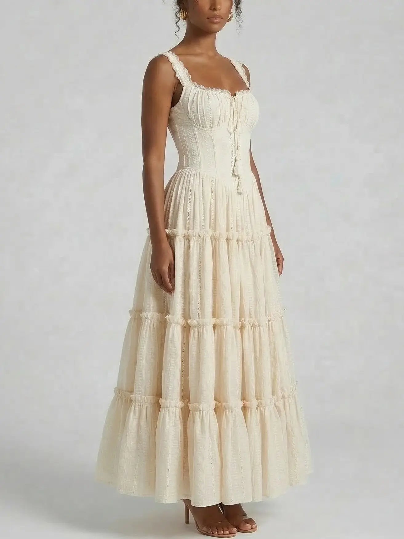 Lace Trim Corset Tiered Maxi Dress - Dresses
