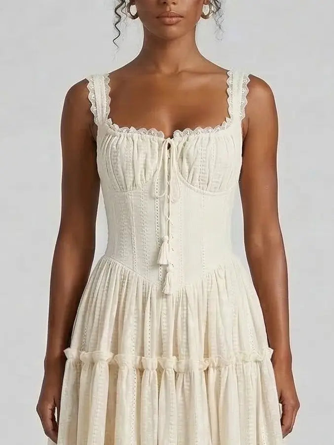 Lace Trim Corset Tiered Maxi Dress - Dresses