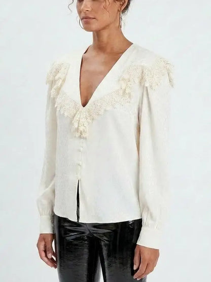 Lace Trim Sailor Collar Blouse - Tops