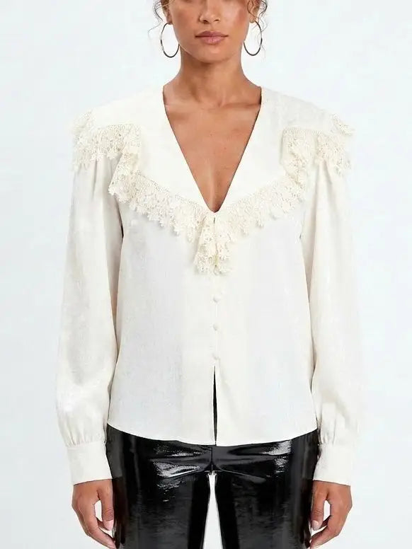 Lace Trim Sailor Collar Blouse - Tops