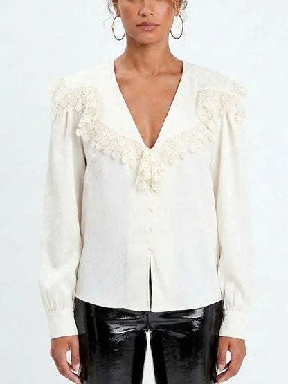 Lace Trim Sailor Collar Blouse - Tops
