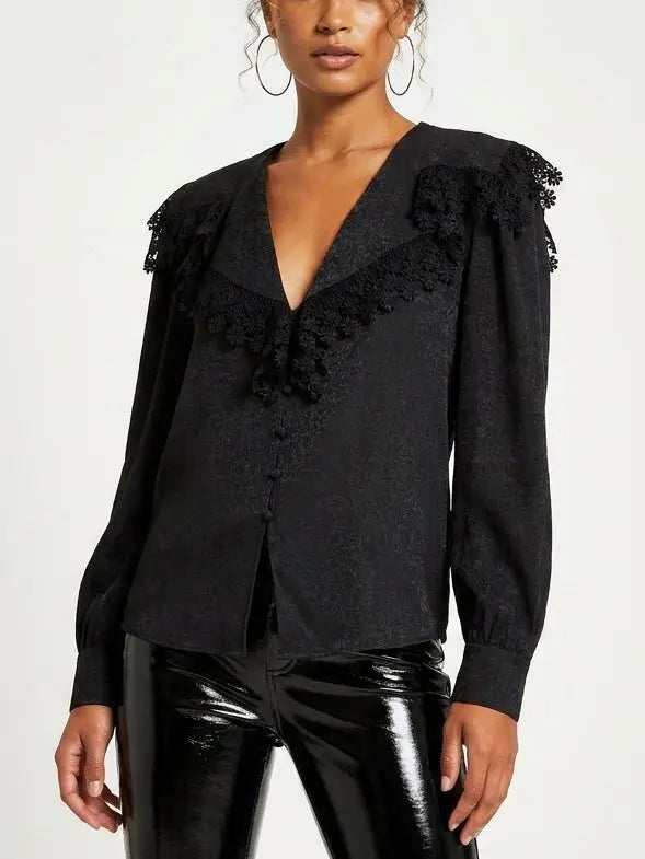 Lace Trim Sailor Collar Blouse - Tops