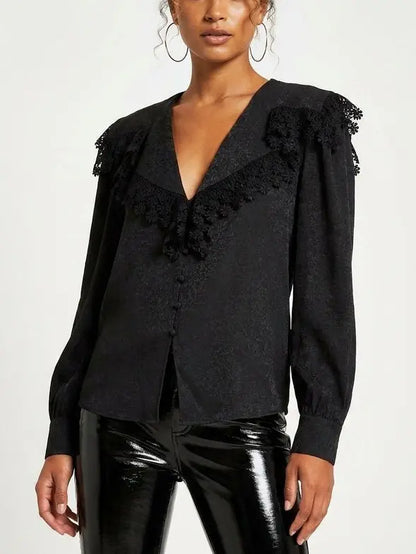 Lace Trim Sailor Collar Blouse - Tops