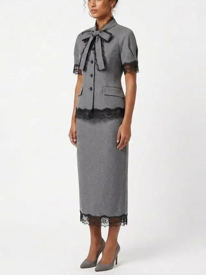 Lace Trim Short Sleeve Blazer and Midi Skirt Set - Suits & Sets
