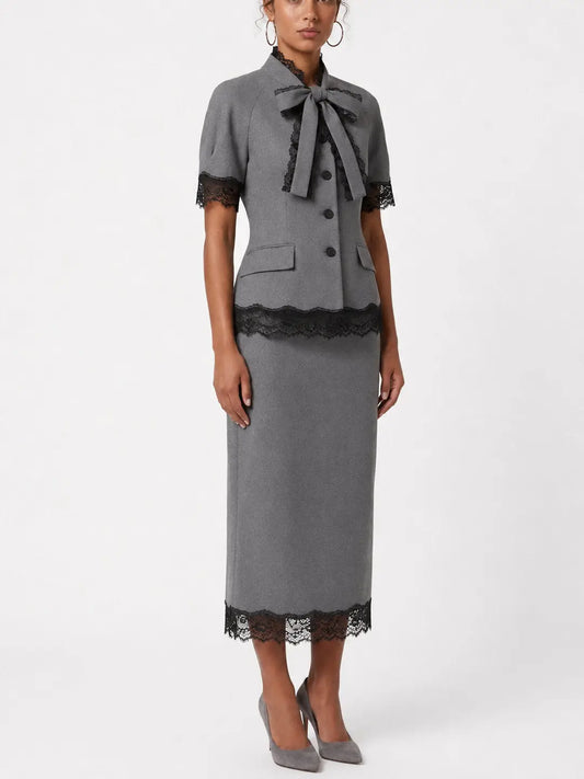 Lace Trim Short Sleeve Blazer and Midi Skirt Set - Suits & Sets