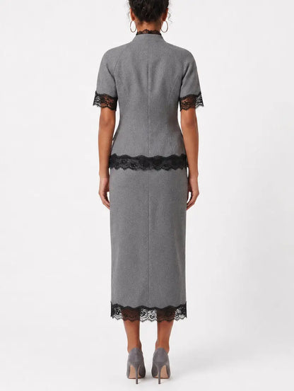 Lace Trim Short Sleeve Blazer and Midi Skirt Set - Suits & Sets