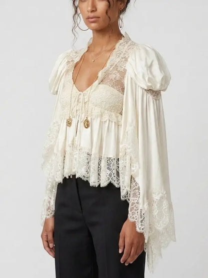 Lace Trim Silk V Neck Blouse with Puff Flared Sleeves - Tops