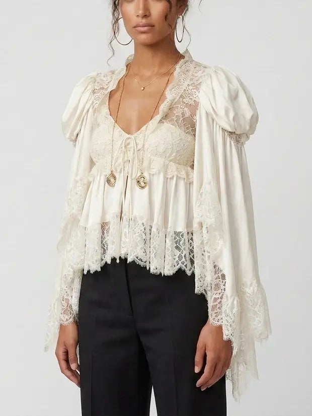 Lace Trim Silk V Neck Blouse with Puff Flared Sleeves - Tops