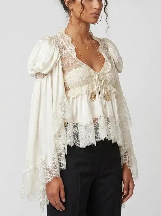 Lace Trim Silk V Neck Blouse with Puff Flared Sleeves - Tops