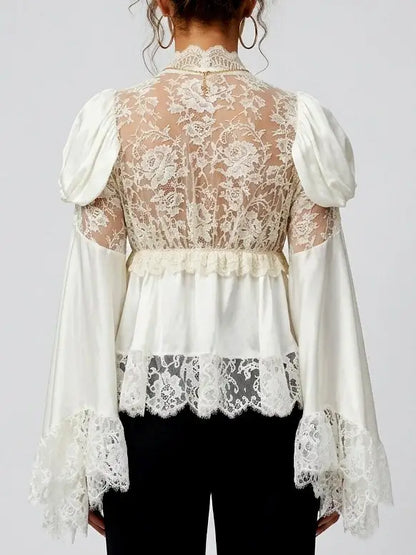 Lace Trim Silk V Neck Blouse with Puff Flared Sleeves - Tops