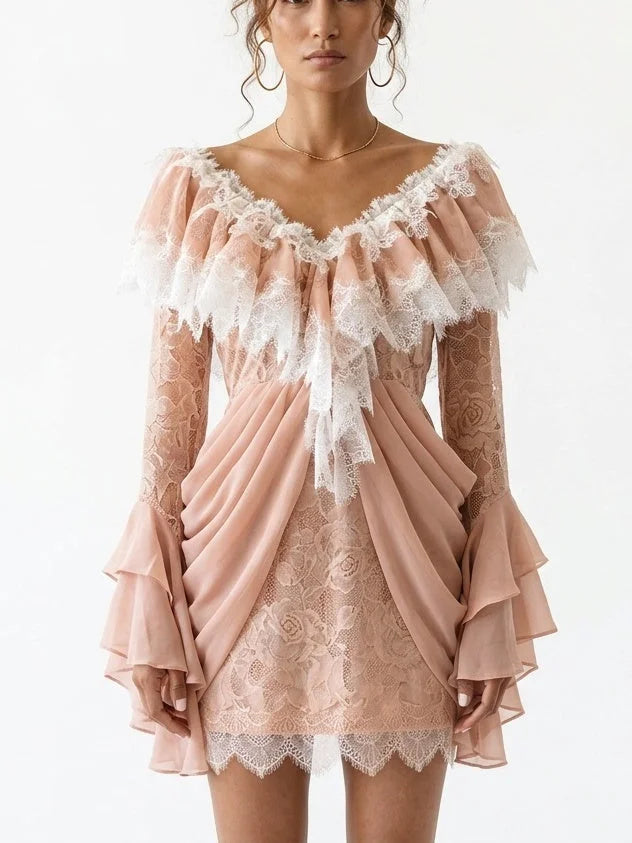 Lace V-Neck Draped Long-Sleeve Mini Dress - Dresses
