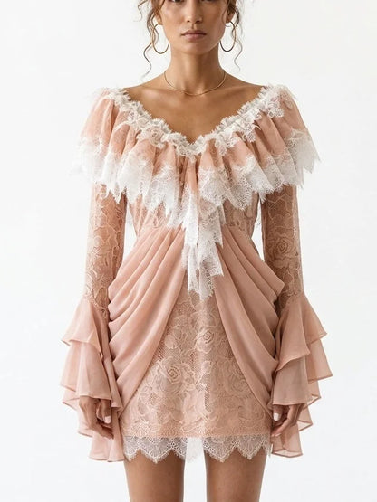 Lace V-Neck Draped Long-Sleeve Mini Dress - Dresses