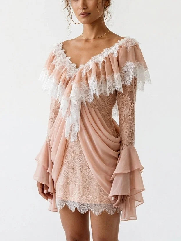 Lace V-Neck Draped Long-Sleeve Mini Dress - Dresses