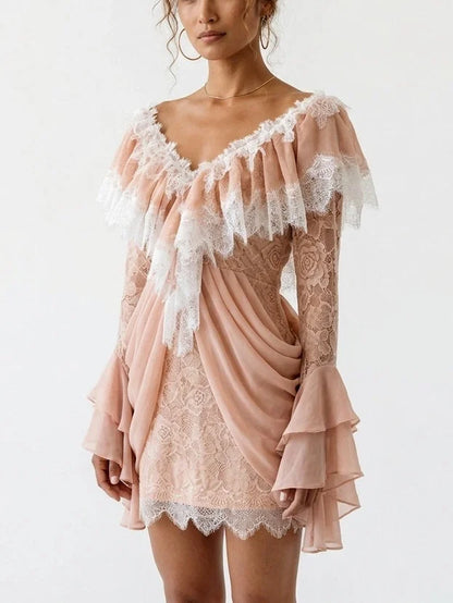Lace V-Neck Draped Long-Sleeve Mini Dress - Dresses
