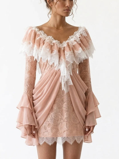 Lace V-Neck Draped Long-Sleeve Mini Dress - Dresses