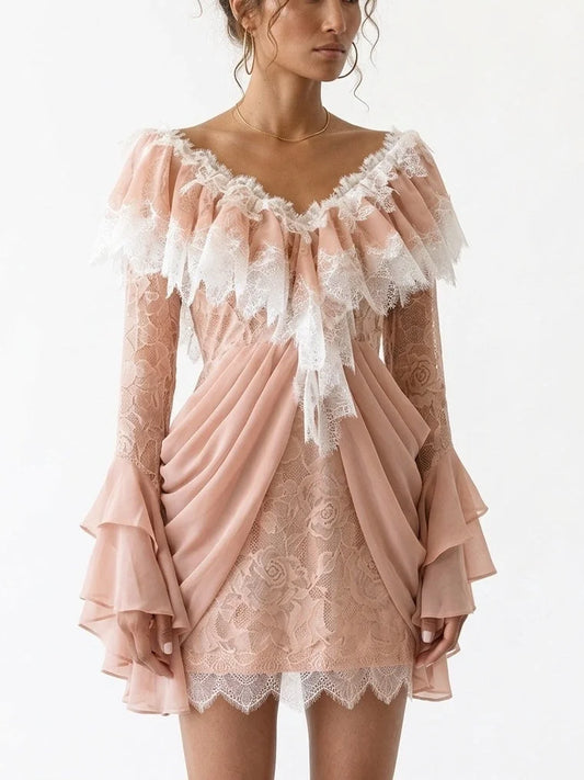 Lace V-Neck Draped Long-Sleeve Mini Dress - Dresses