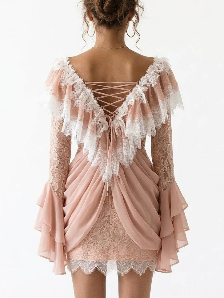 Lace V-Neck Draped Long-Sleeve Mini Dress - Dresses