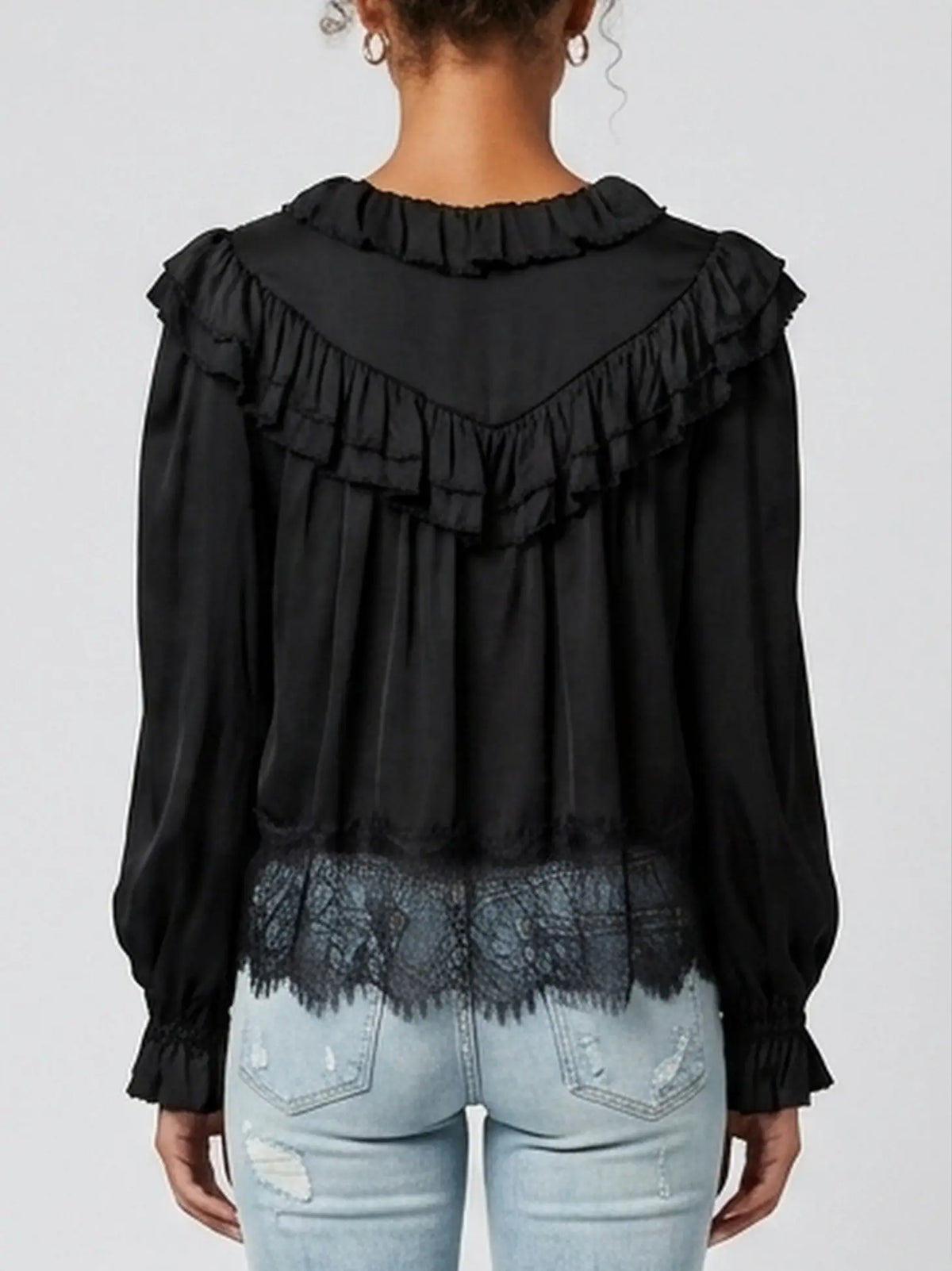 Lace Yoke Ruffle Tie-Neck Black Blouse - Tops