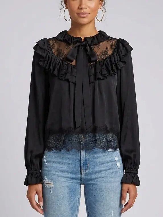 Lace Yoke Ruffle Tie-Neck Black Blouse - Tops