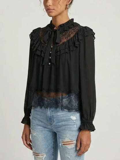 Lace Yoke Ruffle Tie-Neck Black Blouse - Tops
