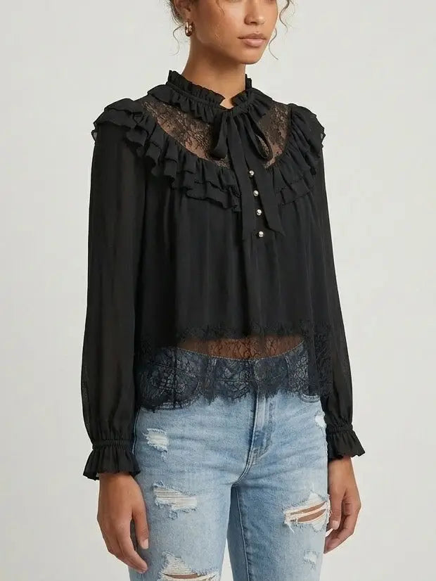 Lace Yoke Ruffle Tie-Neck Black Blouse - Tops