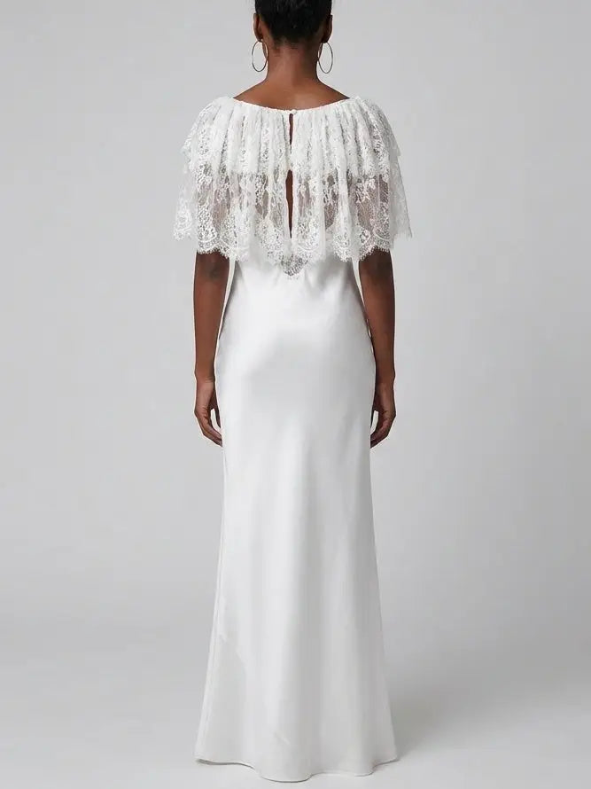 Lace and Satin White Maxi Dress - Dresses