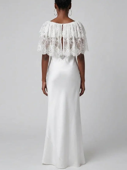 Lace and Satin White Maxi Dress - Dresses