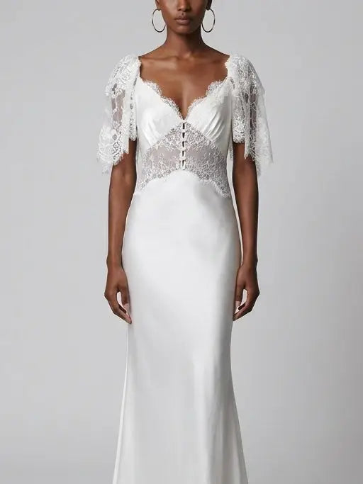 Lace and Satin White Maxi Dress - Dresses