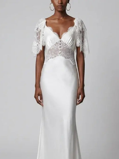 Lace and Satin White Maxi Dress - Dresses