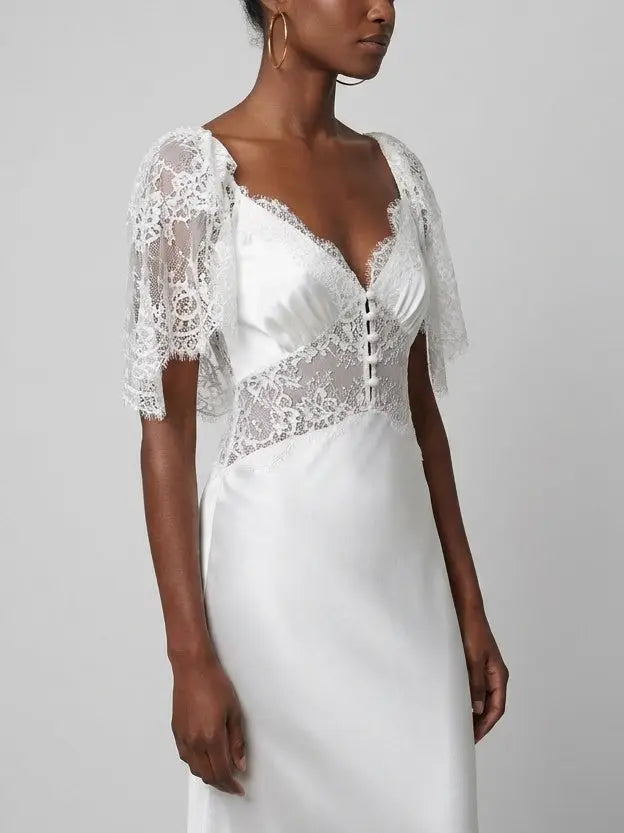 Lace and Satin White Maxi Dress - Dresses