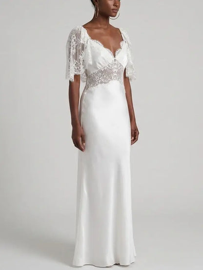 Lace and Satin White Maxi Dress - Dresses