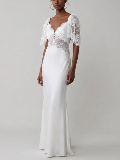 Lace and Satin White Maxi Dress - Dresses