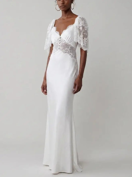 Lace and Satin White Maxi Dress - Dresses