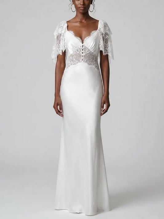 Lace and Satin White Maxi Dress - S - Dresses