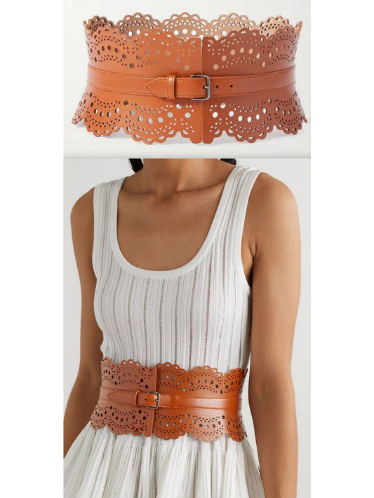 Laser-Cut Leather Corset Waist Belt in Tan - Branna Couture