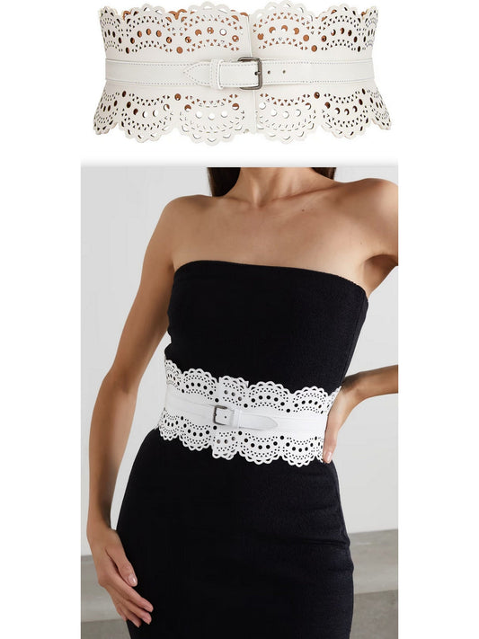 Laser-Cut Leather Corset Waist Belt in White - Branna Couture