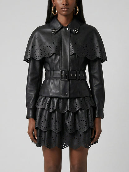 Laser-Cut Faux-Leather Jacket & Skirt Set