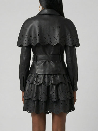 Laser-Cut Faux-Leather Jacket & Skirt Set