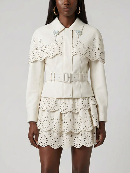 Laser-Cut Faux-Leather Jacket & Skirt Set