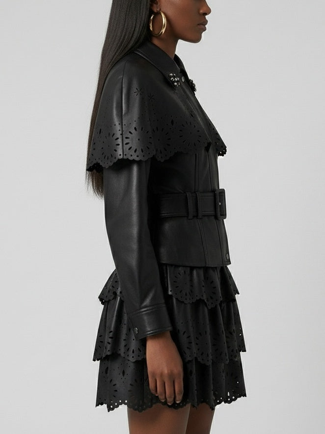 Laser-Cut Faux-Leather Jacket & Skirt Set