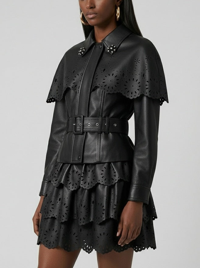 Laser-Cut Faux-Leather Jacket & Skirt Set