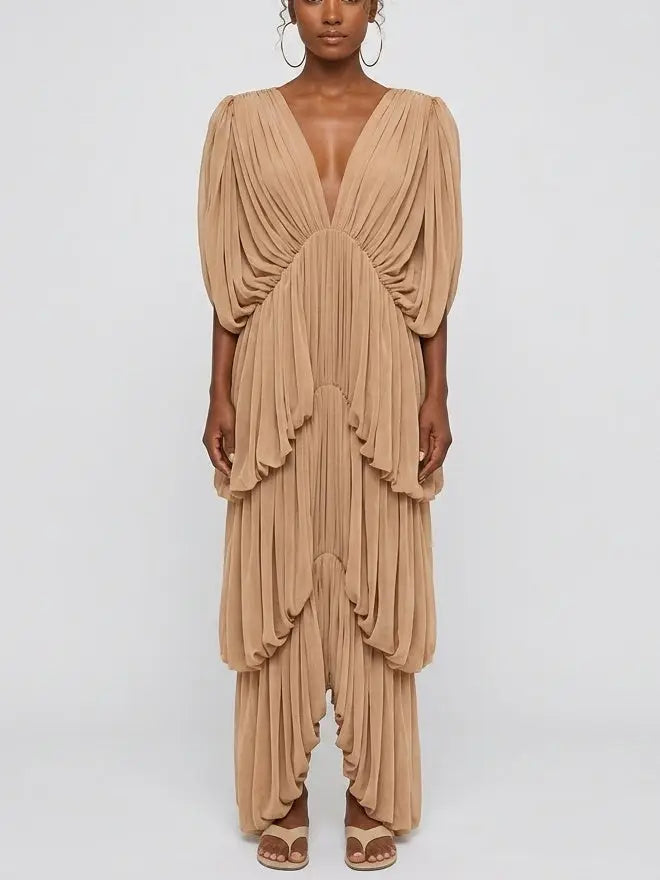 Latte Draped Jersey Maxi Dress - Small - Dresses