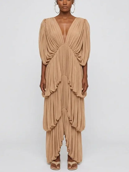 Latte Draped Jersey Maxi Dress - Small - Dresses
