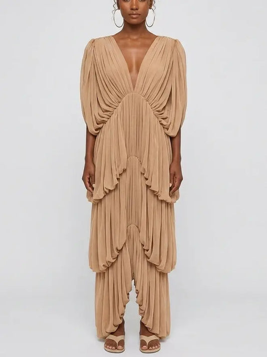 Latte Draped Jersey Maxi Dress - Small - Dresses
