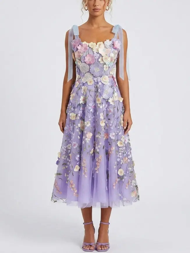 Lavender 3D Floral Appliqué Embroidered Tulle Midi Dress - XS - Dresses